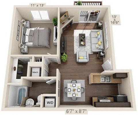 Floor plan for 1 bed, 1 bath, 651 sqft